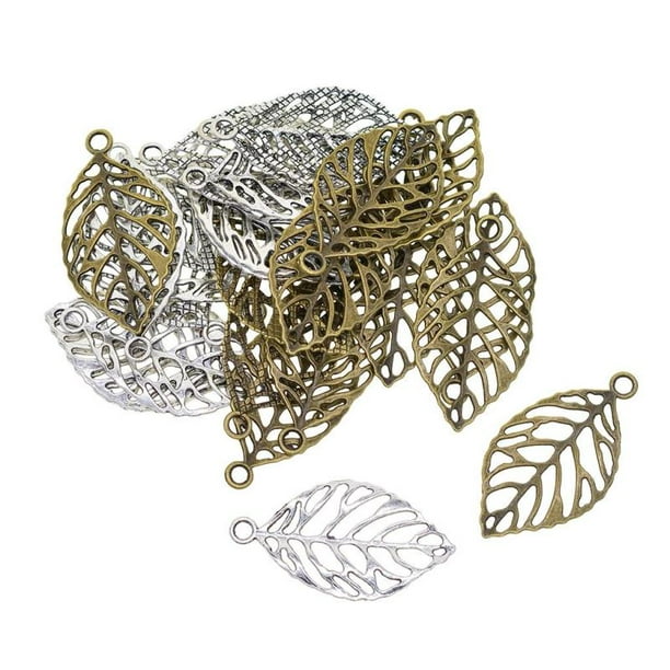 15pcs Antique Silver Hollow Leaf Charm Pendant Necklace Accessory Handmade Craft 